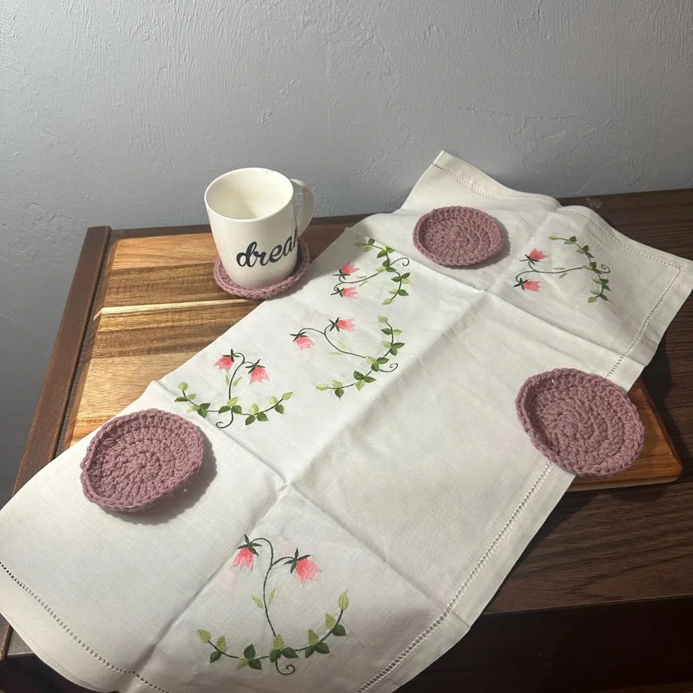 Handmade Mauve Crochet Coaster Set Vintage Hand Embroidered table topper
